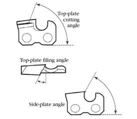 Drawing showing the top-plate cutting angle, top-plate filing angle, and side-plate angle.