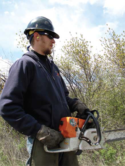 Image of a worker wearing earplugs when operating a chain saw.