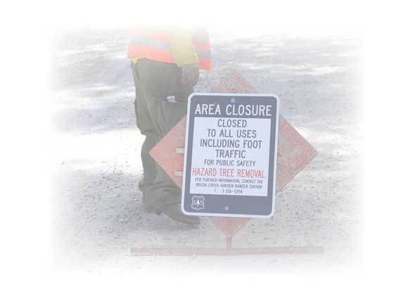 Image of a worker standing behind an "Area Closure" sign.