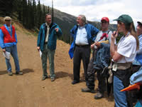 Federal Highway Administration and Forest Service officials discussing rerouting alternatives at the site of the Guanella Pass moonworts.