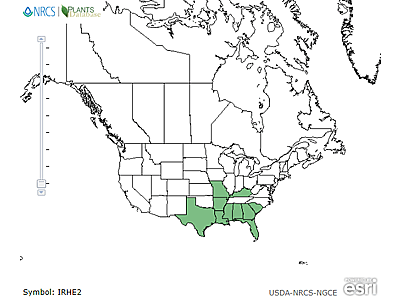 Range map of Iris hexagona var. hexagona in the United States. Green-colored states indicate where this species is found.