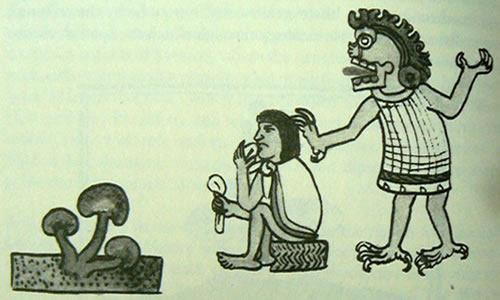 God of the Aztec Underworld visits a man likely eating mushrooms.
