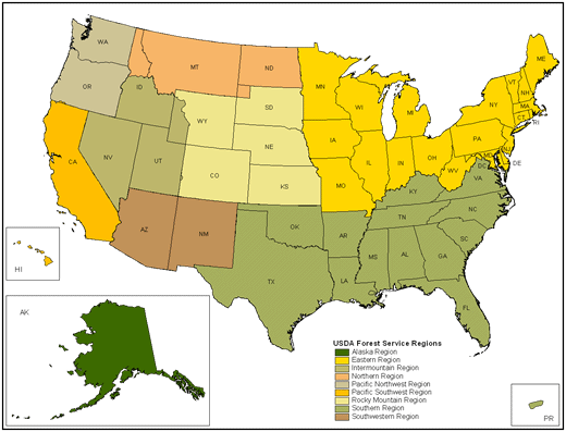 A map of the Unites States displaying the USDA Forest Service Regions. Select a Region on this map to display the Rare Plant Profiles for the Region.