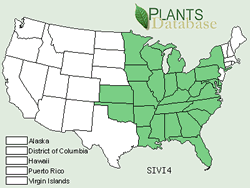Map of the United States showing states colored green where the species may be found.