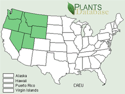 Map of the United States showing states. States are colored green where the White Mariposa Lily may be found.