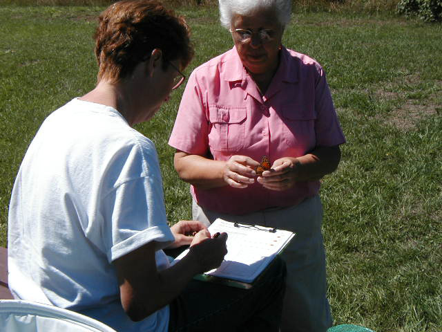 Picture of two women, volunteers, one holding a monarch and the other recording data on a data sheet.